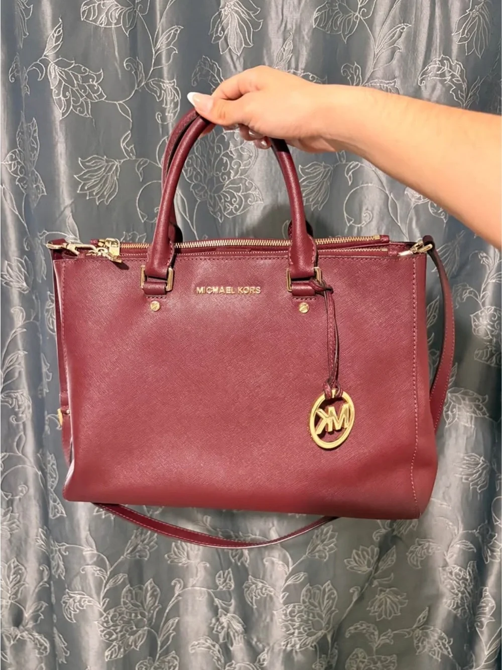 Michael Kors Wine Saffiano Leather Satchel with Gold Hardware